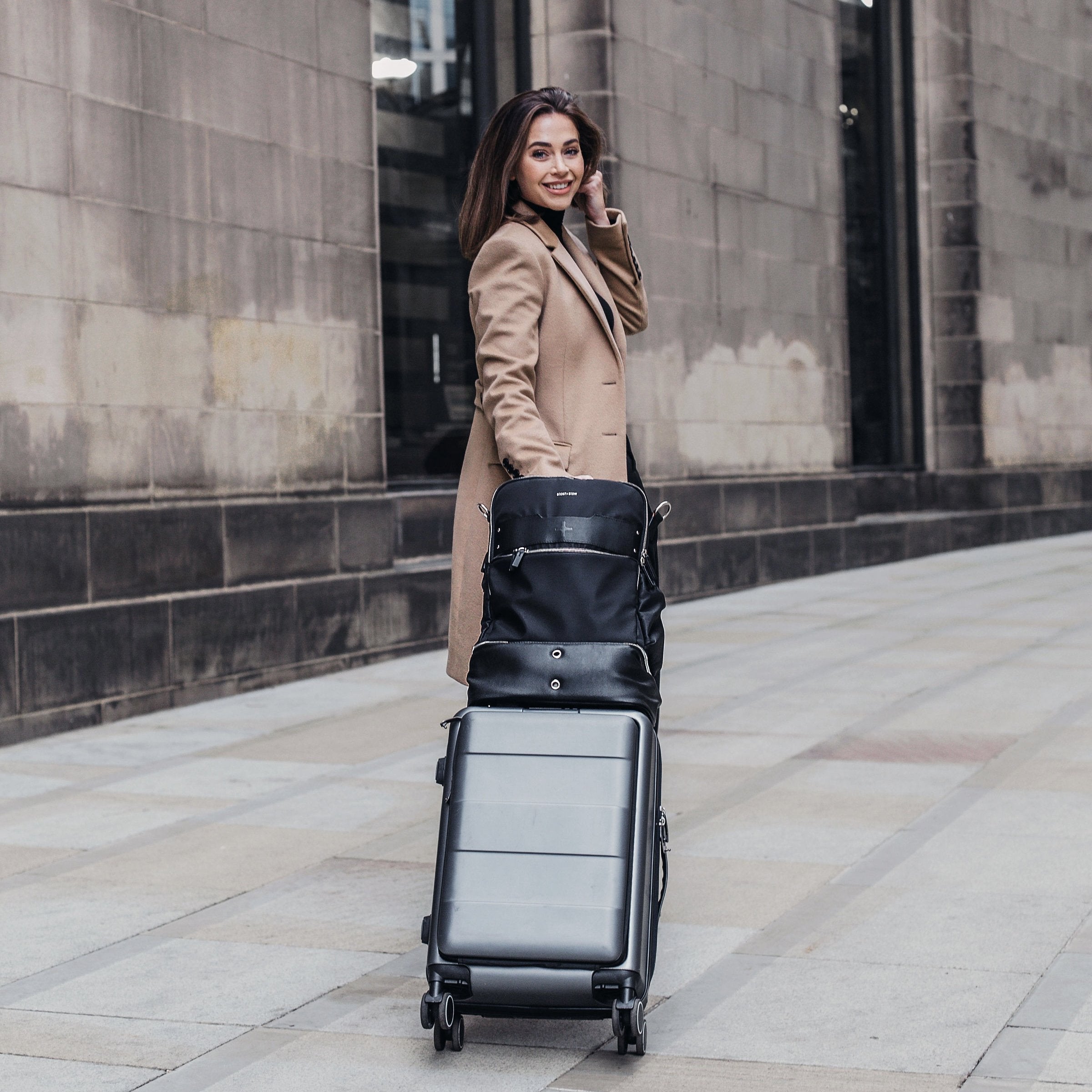 stylish backpack for women with suitcase attachment 